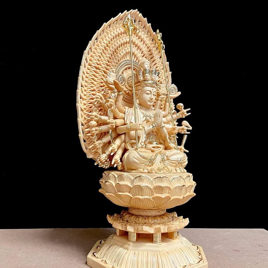 仏像 八大守護神【千手観音】干支ネズミ守護神 観音像 千手観音菩薩  木彫 Amazon｜ひのき彫刻【蒔絵】千手観音菩薩神像家具無垢木干支